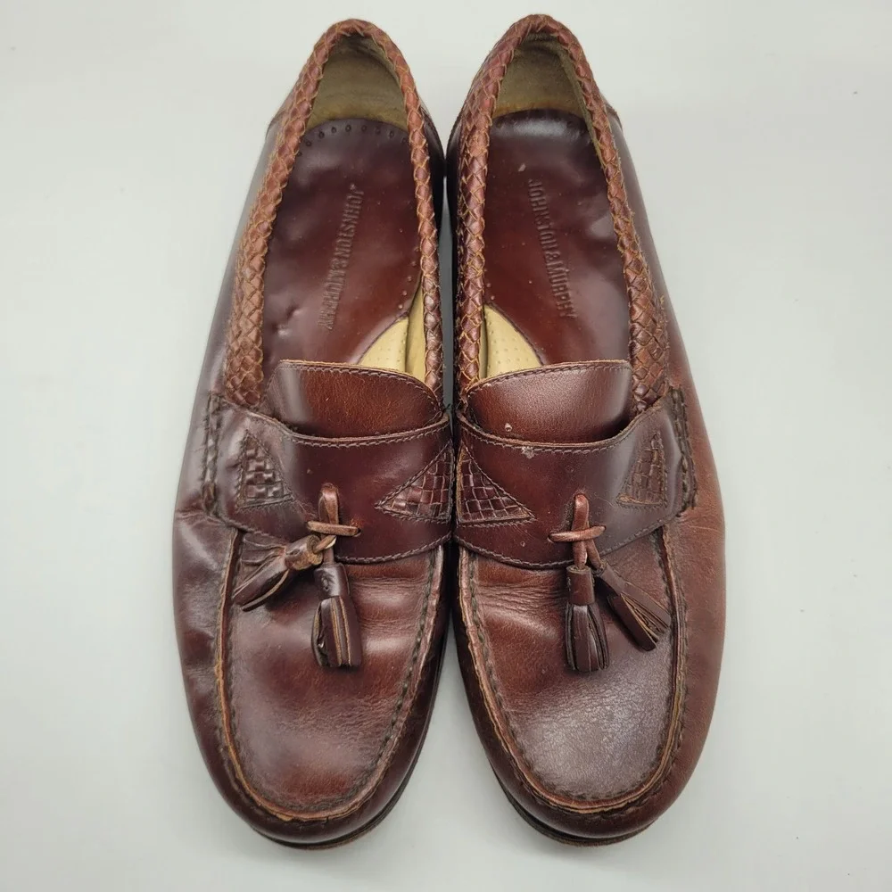 Johnston Murphy Mens 10M Brown Leather Tassel Loafers Woven Trim‎ Dress Shoes